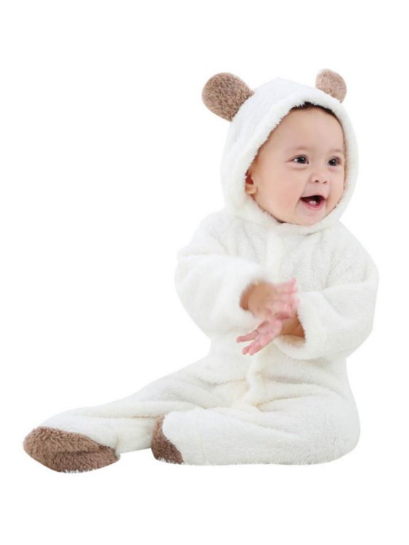 0-12M Newborn Baby Infant Boy Girl Fleece Romper Hooded Jumpsuit Bodysuit Outfits Clothes