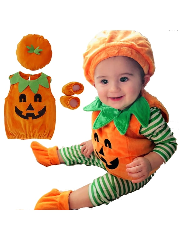 0-3T Baby Boy Girl Halloween Pumpkin Romper Bodysuit+Hat+Shoes 3PCS Outfit
