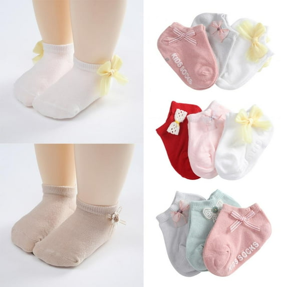 SYNPOS 0-5T 3 Pair Baby Girls Socks, Infant Cotton Lace Bow Anti Slip Floor Socks