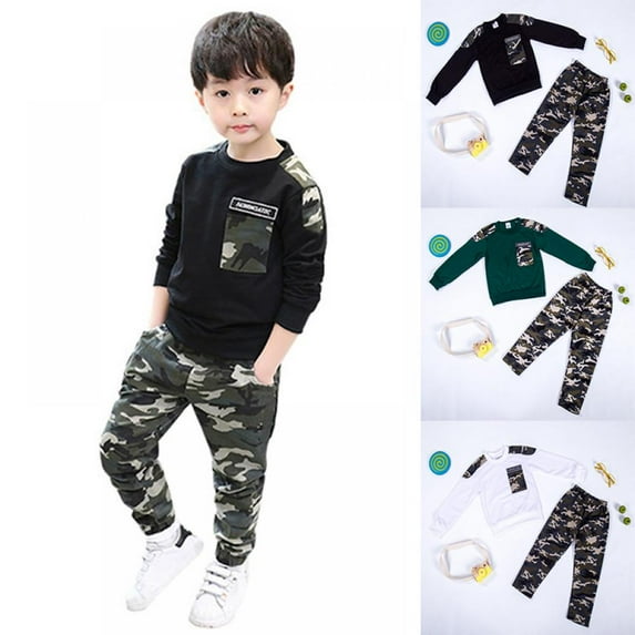 SYNPOS 1-12T Toddler Baby Boy Clothes Little Boy Clothing Long Sleeve Cotton Sweatshirt Camo Pants 2PCS Outfit Set