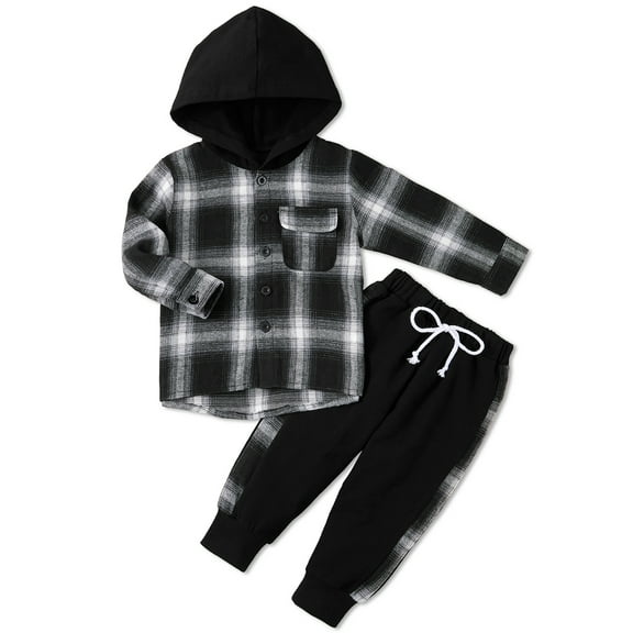 SYNPOS 1-5T Kid Toddler Boy Outfits Plaid Hoodied T-shirt Tops  Casual Pants Fall Winter Clothes Set