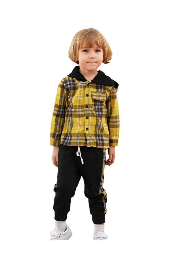 1-5T Toddler Baby Boys Long Sleeve Plaid Shirts Drawstring Sweatpants Outfits