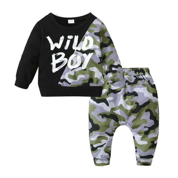 SYNPOS 1-6 Years Toddler Kids Boy Outfits Long Sleeve Wild Boy Tops + Camouflage Pant 2PCS Sweatsuit Set.