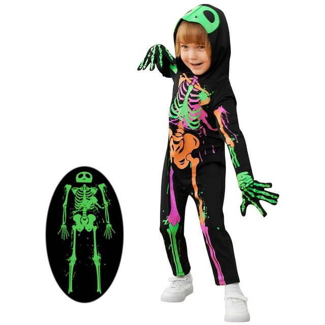 SYNPOS 37T Kids Skeleton Costume Glow in The Dark Skeleton Halloween