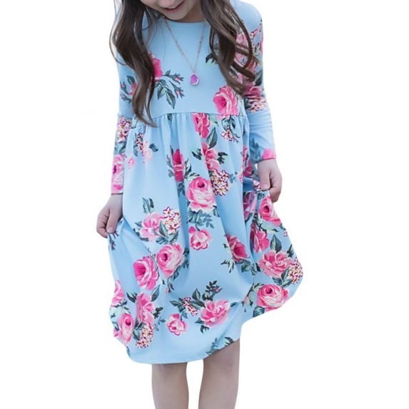SYNPOS 4-13T Girls Floral Print Long Sleeve Boho Empire Waist Midi Dress with Pockets