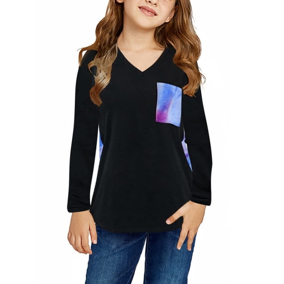 SYNPOS 4-13Y Child Girls V Neck Long Sleeve Loose Tie-dye T-shirts Tunic Tops