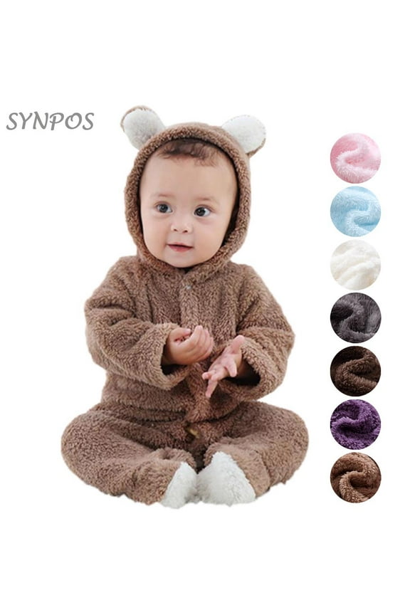 Baby Boy Girl Bear Ear Hooded Footed Jumpsuit Warm Fleece Romper, Newborn