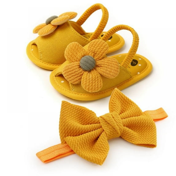 SYNPOS Baby Girl Barefoot Flower Sandals & Headbands Set Cotton Flower Baby Sandals 0-18 Months