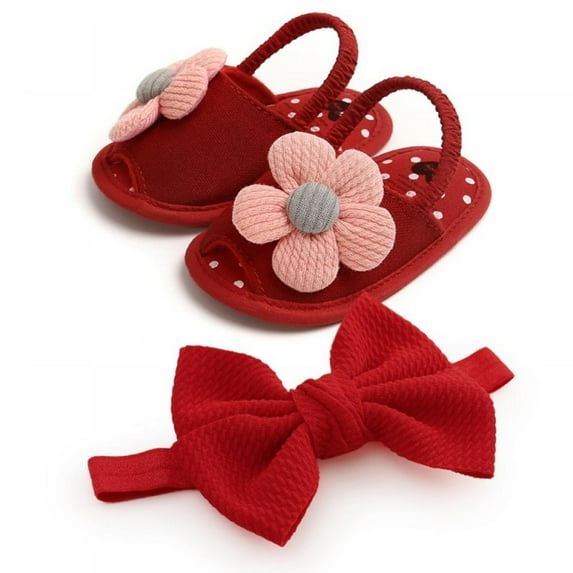 SYNPOS Baby Girl Barefoot Flower Sandals & Headbands Set Cotton Flower Baby Sandals 0-18 Months