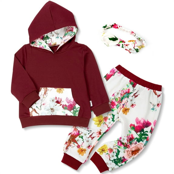 SYNPOS Baby Girl Clothes Infant Toddler Girl Hooded Flower Printed Long Sleeve Sweatshirt Pants Headband Baby Cute Outfit Set - Wine red 12-18 Months