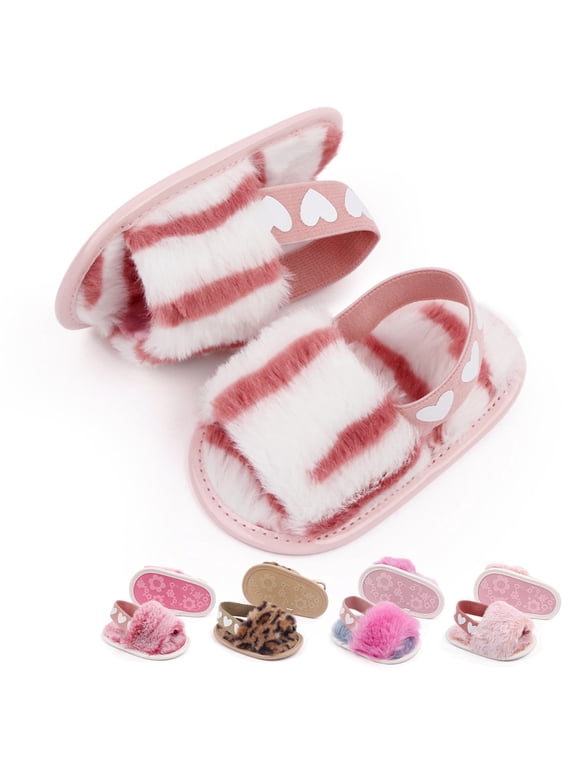 Baby Girl Shoes, Warm Plush Sandals, Open Toe, Stripe Pink, 0-6 Months