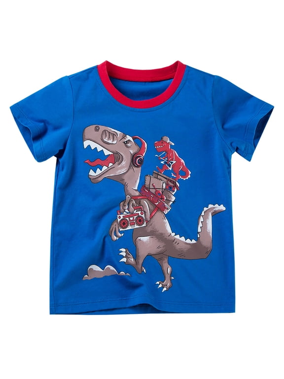 SYNPOS Boys Short Sleeve Round Neck Cotton T-shirt,Summer Toddler Boys Cartoon Dye Dinosaur Printed Comfort Tops,2T-5T