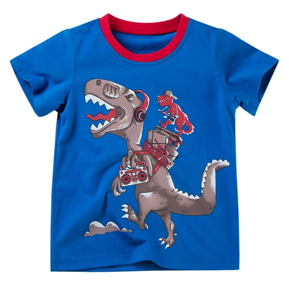 SYNPOS Boys Short Sleeve Round Neck Cotton T-shirt,Summer Toddler Boys Cartoon Dye Dinosaur Printed Comfort Tops,2T-5T