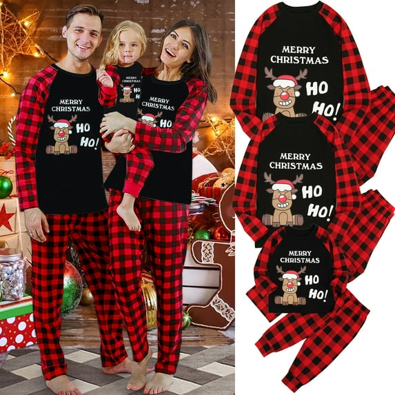SYNPOS Christmas Family Matching Pajamas Set Cotton Snug Fit Elk Tops Plaid Pants Holidy 2-Piece PJ’s