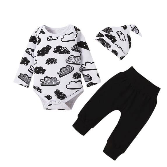 SYNPOS Clouds Romper Black Pants Hat Baby Boys Long Sleeve 3PCS Outfits