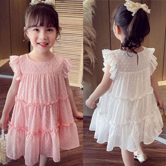 SYNPOS Girl's Summer Dress Flared Sleeve Loose Fit Swiss Dots Flowy Pleated Dress 1-5 Years