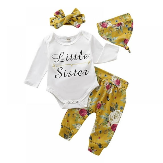 SYNPOS Infant Baby Girl Clothes Little Sister Outfits Bodysuit Top Romper+Floral Pant+Headbands 4Pcs Toddler Pant Sets 0-18 Months