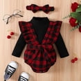 thumbnail image 1 of SYNPOS Infant Baby Girls Romper Set T-shirt Tops Ruffle Sleeve Plaid Romper with Bowknot Hairband Outfit 0-18 Months, 1 of 10