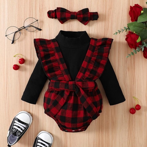 SYNPOS Infant Baby Girls Romper Set T-shirt Tops Ruffle Sleeve Plaid Romper with Bowknot Hairband Outfit 0-18 Months