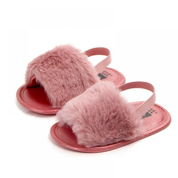 SYNPOS Infant Baby Girls Sandals Faux Fur Slides with Elastic Back Strap Flats Slippers Shoes 0-18 Months