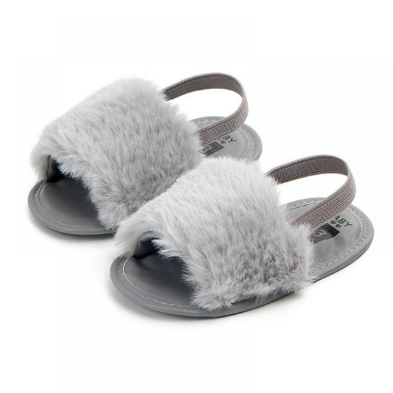 SYNPOS Infant Baby Girls Sandals Faux Fur Slides with Elastic Back Strap Flats Slippers Shoes 0-18 Months