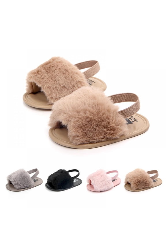 Infant Baby Girls Sandals Faux Fur Slides with Elastic Back Strap Flats Slippers Shoes 0-18 Months