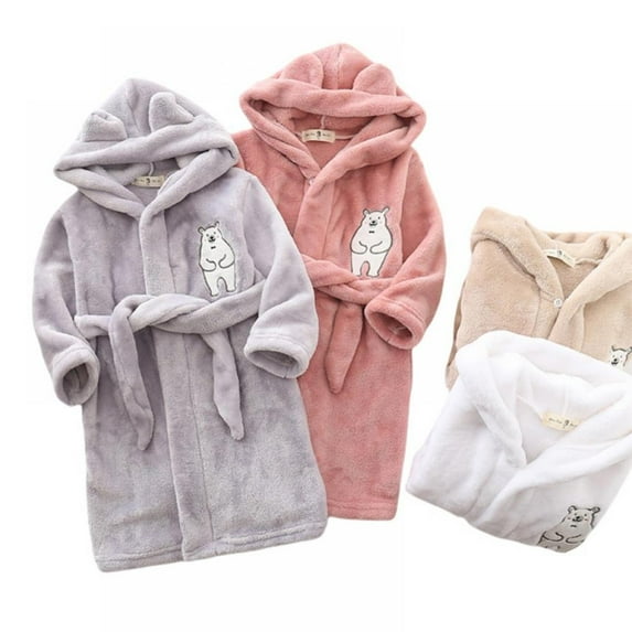 SYNPOS Kids Toddler Girls Boys Fleece Bathrobe Hooded Bath Robe Pajamas Jumpsuit Sleepwear Night-Robe