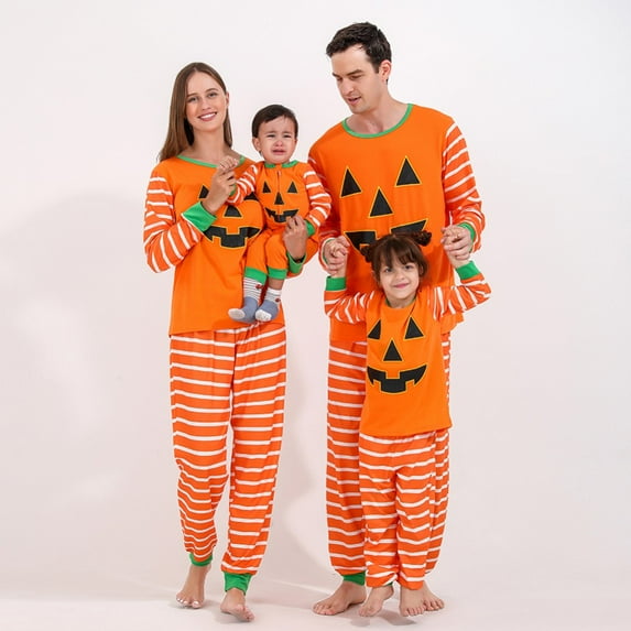 SYNPOS Matching Family Halloween Pajamas Sets Pumpkin Long Sleeve T-Shirt +Stripe Pants PJs Loungewear