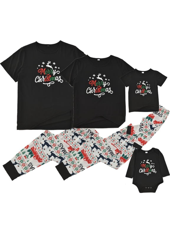 Matching Family Pajamas Sets Christmas PJ's with Short Sleeve Black Tee and Print Pants
