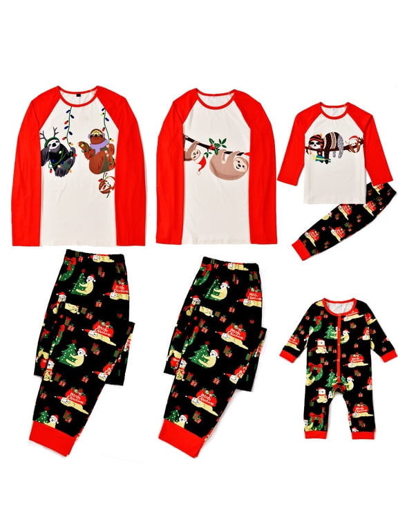 Matching Family Pajamas Sets Christmas PJ's with Sloth Printed Long Sleeve Tee and Bottom Loungewear Sleepwear