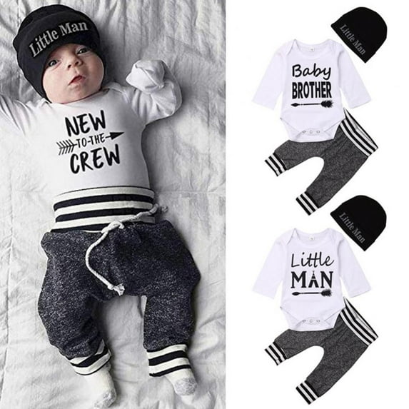 SYNPOS Newborn Baby Boy Clothes New to The Crew Letter Print Romper+Pants+Hat 3PCS Outfit 0-18 Months