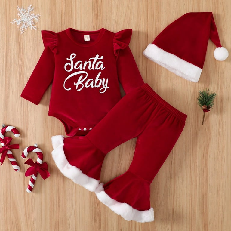 SYNPOS Newborn Baby Girls Velvet Christmas Outfit Santa Romper