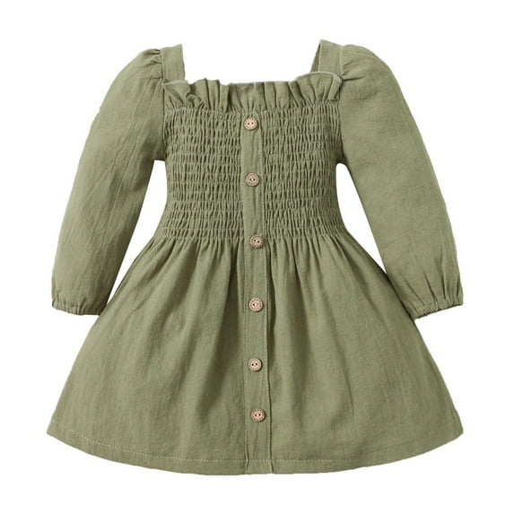 SYNPOS Toddler Baby Girl Clothes Long Sleeve Pleated Linen Dress Solid Color Fall Winter Casual Outfits 1-5 Years