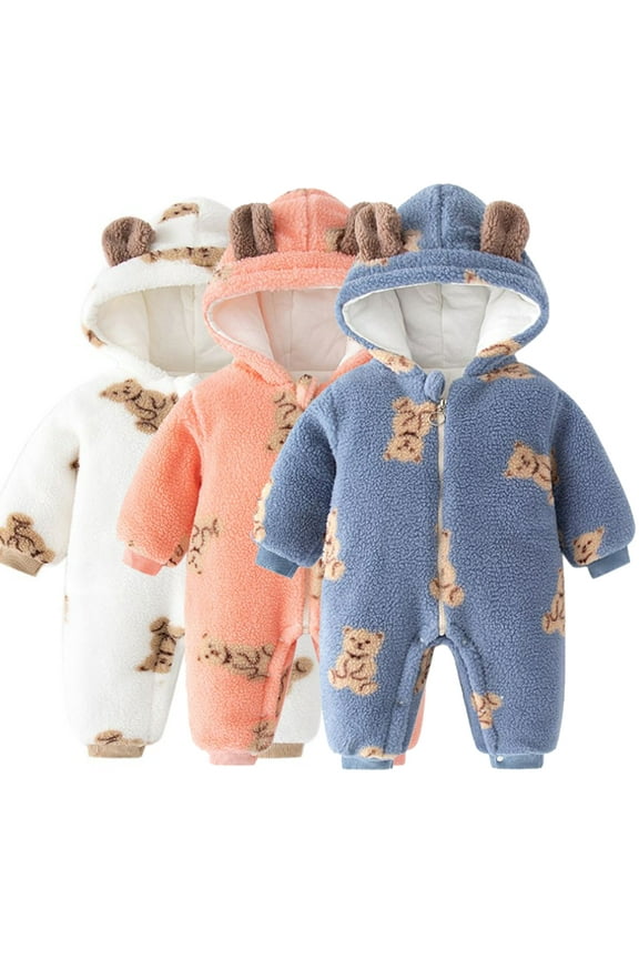 Toddler Baby Girls Boys Jumpsuit Snowsuit Fleece Hooded Romper Winter Warm Pajamas Bodysuits Outwear 0-24Months