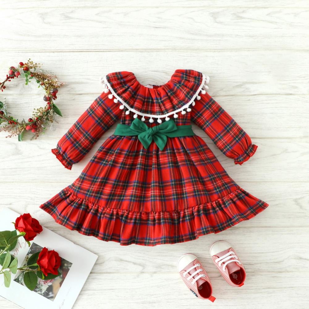 SYNPOS Toddler Baby Girls Christmas Dress Red Plaid Casual Party