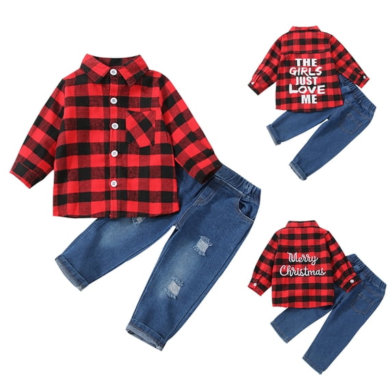 SYNPOS Toddler Boy Christmas Outfits 2T 3T 4T 5T Kids Long Sleeve Buffalo Plaid Shirt Ripped Denim Pants Clothes Set 1-6 Years