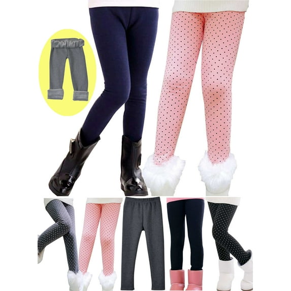 SYNPOS Toddler Girl Leggings Footless Fleece Lined Winter Tights Legging Thick Warm Skinny Pant Polka Dots Stretchy Trousers 2-13 Years