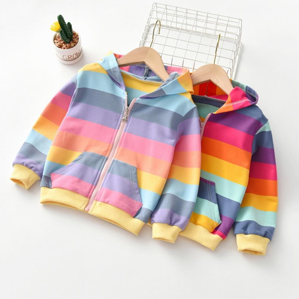 SYNPOS Toddler Kid Girl Hooded Jacket Rainbow Stripes Sweatshirts Coat