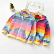 SYNPOS Toddler Kid Girl Hooded Jacket Rainbow Stripes Sweatshirts Coat Tops Zip Hoodie Outerwear Clothes 2-7T