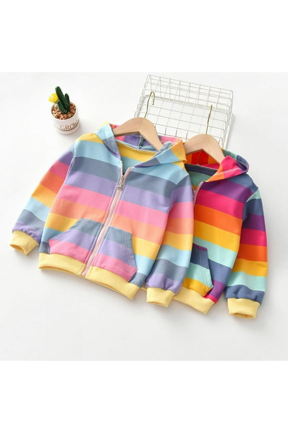Toddler Kid Girl Hooded Jacket Rainbow Stripes Sweatshirts Coat Tops Zip Hoodie Outerwear Clothes 2-7T
