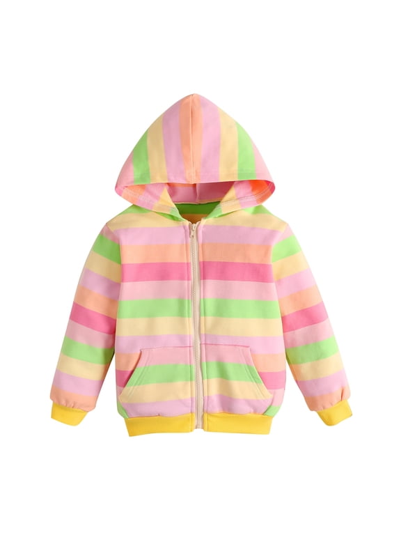 Toddler Kid Little Girls Zip-Up Rainbow Striped Hoodie Sweatshirt Jacket