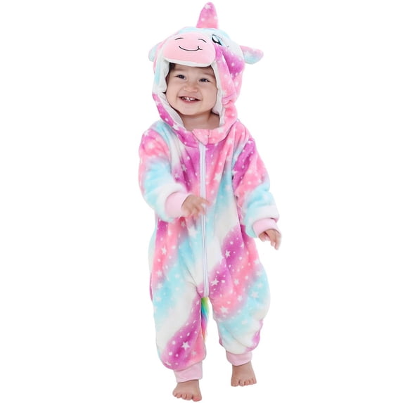 SYNPOS Winter Baby Unisex Unicorn Hooded Romper Fleece Zip Up Jumpsuit with Tail