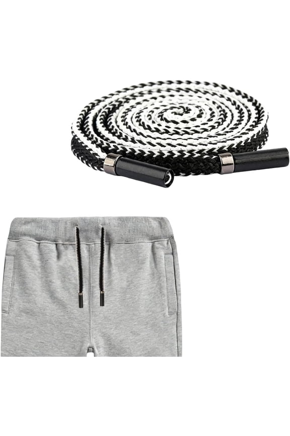 1pcs 46 Inch Cotton Drawstring Replacement with Metal Tips, Premium Hoodie String with Easy Threader for Sweatpants, Shorts, Jackets, Hats (Black White Flat Rope)