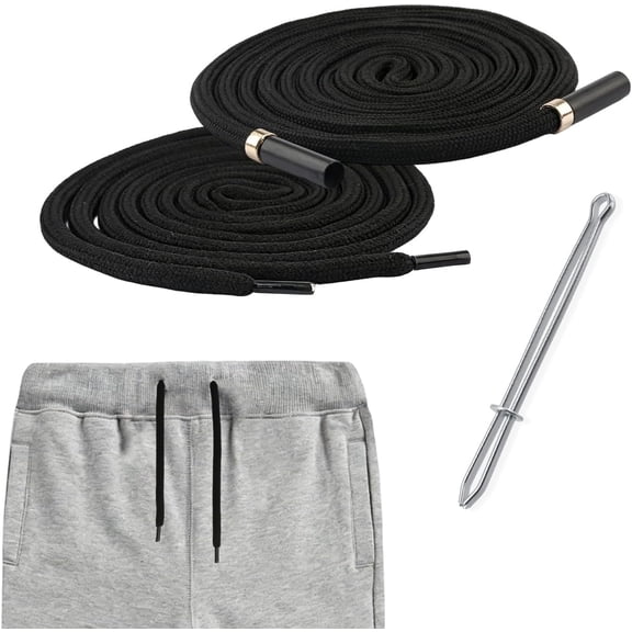 SYNTHORA 2pcs 46 Inch Cotton Drawstring Replacement with Metal Tips, Premium Hoodie String with Easy Threader for Sweatpants, Shorts, Jackets, Hats (Black Rotundity)