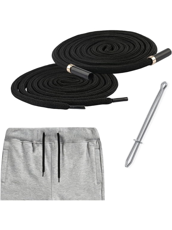 2pcs 46 Inch Cotton Drawstring Replacement with Metal Tips, Premium Hoodie String with Easy Threader for Sweatpants, Shorts, Jackets, Hats (Black Rotundity)