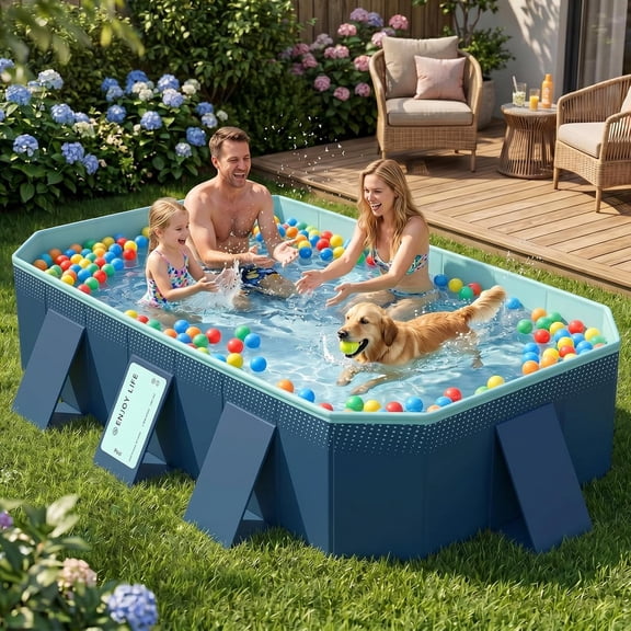 SYNYLIIFE 113" Non-Inflatable Foldable Pool, 10ft Extra Large Collapsible Above Ground Swimming Pool with Rigid Support, 4-Layer Heavy Duty Thickened Portable Pool for Kids, Adults, Backyard, Dogs