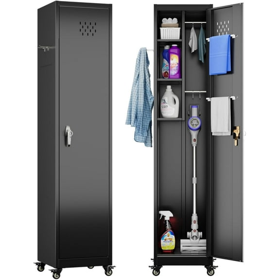 SYNYLIIFE 72" H Lockable Storage Cabinet with Wheels, Metal Cleaning Tool Cabinet with Hooks, Cleaning Supplies for Broom Rack Shelf for Broom mops Garage Storage, Black, Assembly Required