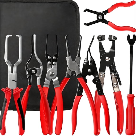 SYNYLIIFE 8 Pcs Fuel Line Pliers Set, Hose Clamp Plier, Panel Removal Tool, Hose Removal Plier, 30 Degree Push Pin Pliers, Electrical Disconnect Tool Set for Automotive Repair with Storage Bag