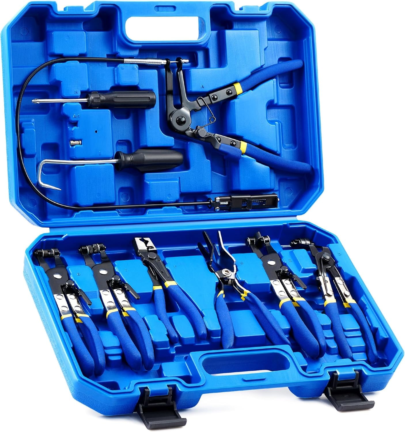 SYNYLIIFE 9 Pcs Hose Clamp Pliers for Fuel Oil & Water Hoses, Automotive Long Reach Hose Clamp Remover Kit with Flexible Wire Clic R Type Swivel Jaw Flat Band Pliers Case, Blue