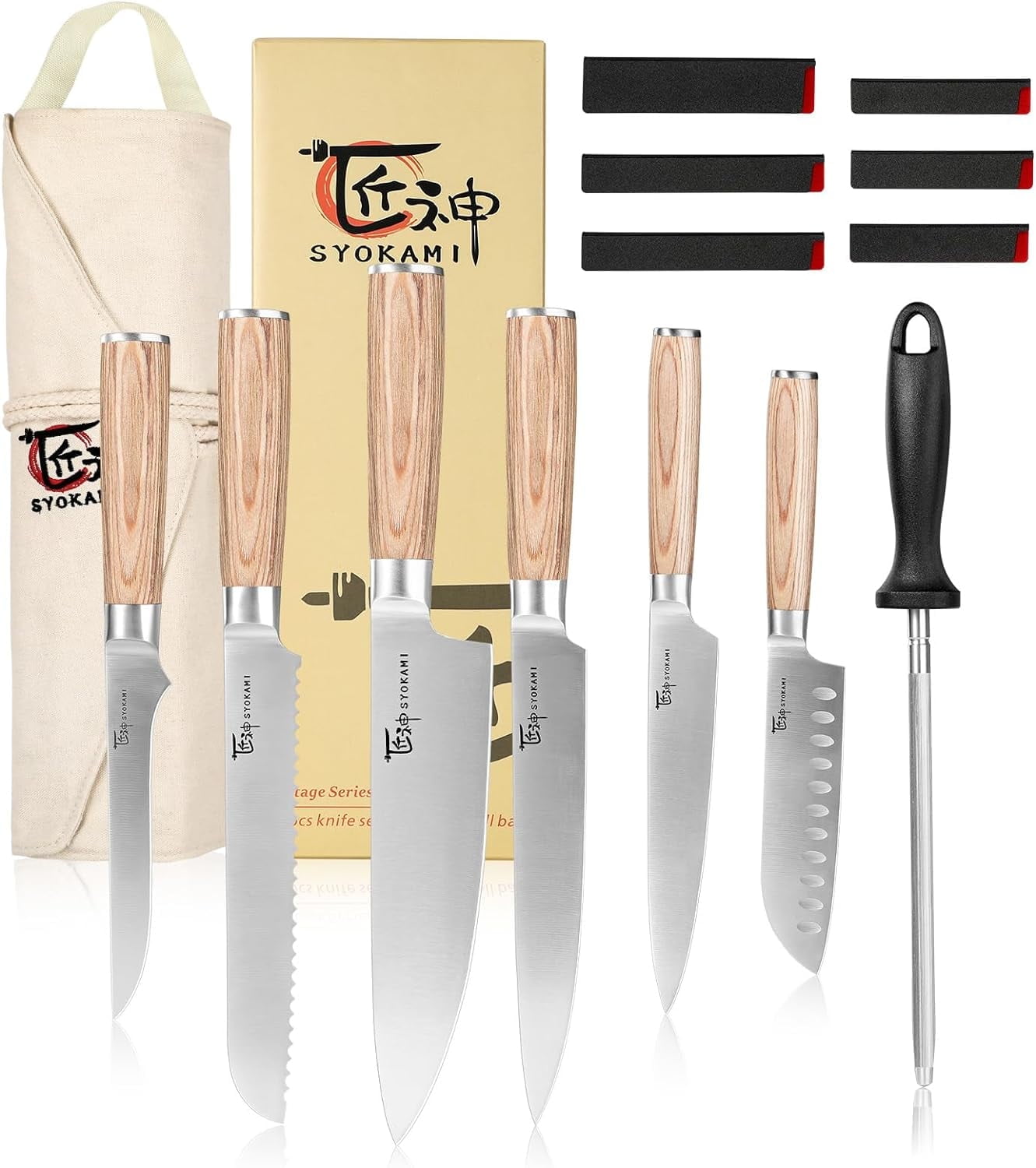SYOKAMI Chef Knife Set, 14 pcs Japanese Kitchen Knife Set with Roll Bag ...